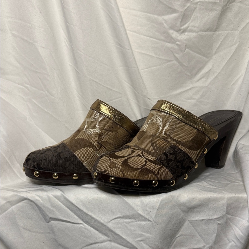 Coach Brown and Gold Patterned Mules